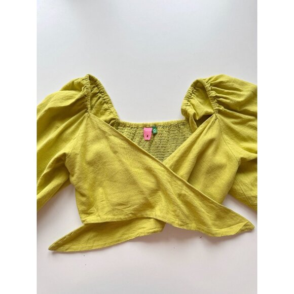 FARM RIO Chartreuse Green Linen Front Tie Puff Sleeve Crop Top Blouse, Size PP - Picture 10 of 15